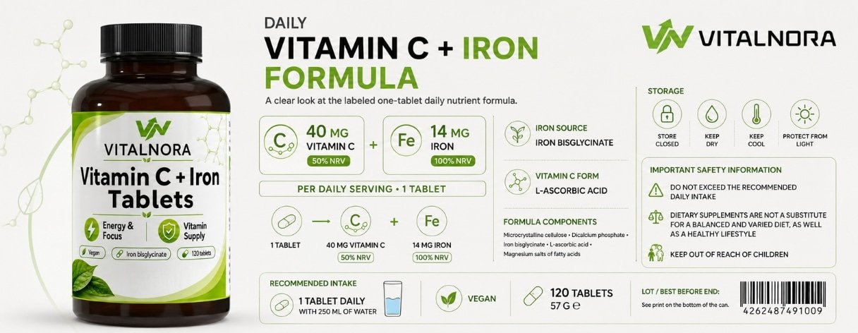 Iron + Vitamin C — 120 Vegan Tablets product information
